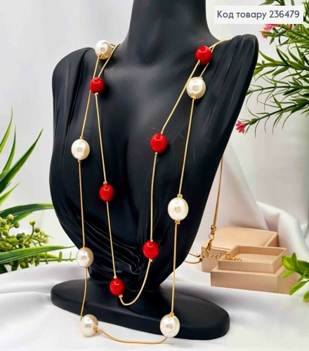 Біжутерія на шию подвійна з Перламутровими та Червоними бусинами,  90+4см, Золото кольору 236479 фото 1