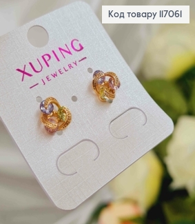 Сережки гвіздки, "Вузлики" з кольоровими пастельними камінчиками, 1см, Xuping 18K 117061 фото