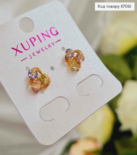 Серьги гвоздики, "Узелки" с цветными пастельными камешками, 1см, Xuping 18K 117061 фото 1