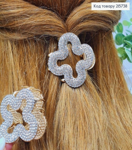 Краб металл "Четырехлистник" с блестящими камешками, 5см, Золотого цвета 215738 фото 1