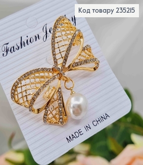 Брошь металл, "Бантик" золотого цвета, с плетением, в камнях, с жемчужиной, 4,5см 235215 фото