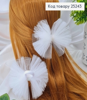 Резинка, Бант фатиновый, белого цвета, с блестящей лентой, 11см, Ручная работа, Украина 25243 фото