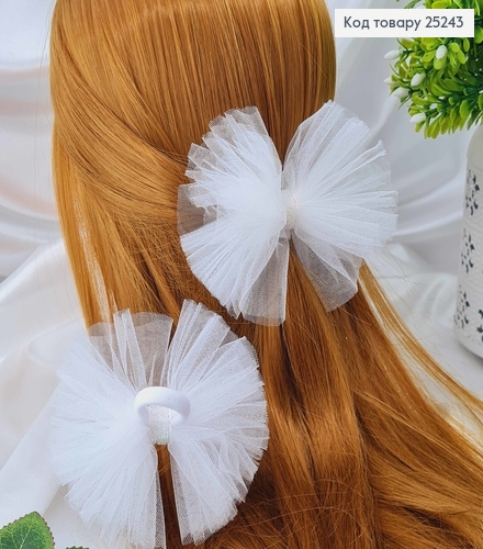 Резинка, Бант фатиновий, білого кольору, з блискучою стрічкою, 11см, Ручна робота, Україна 25243 фото 1