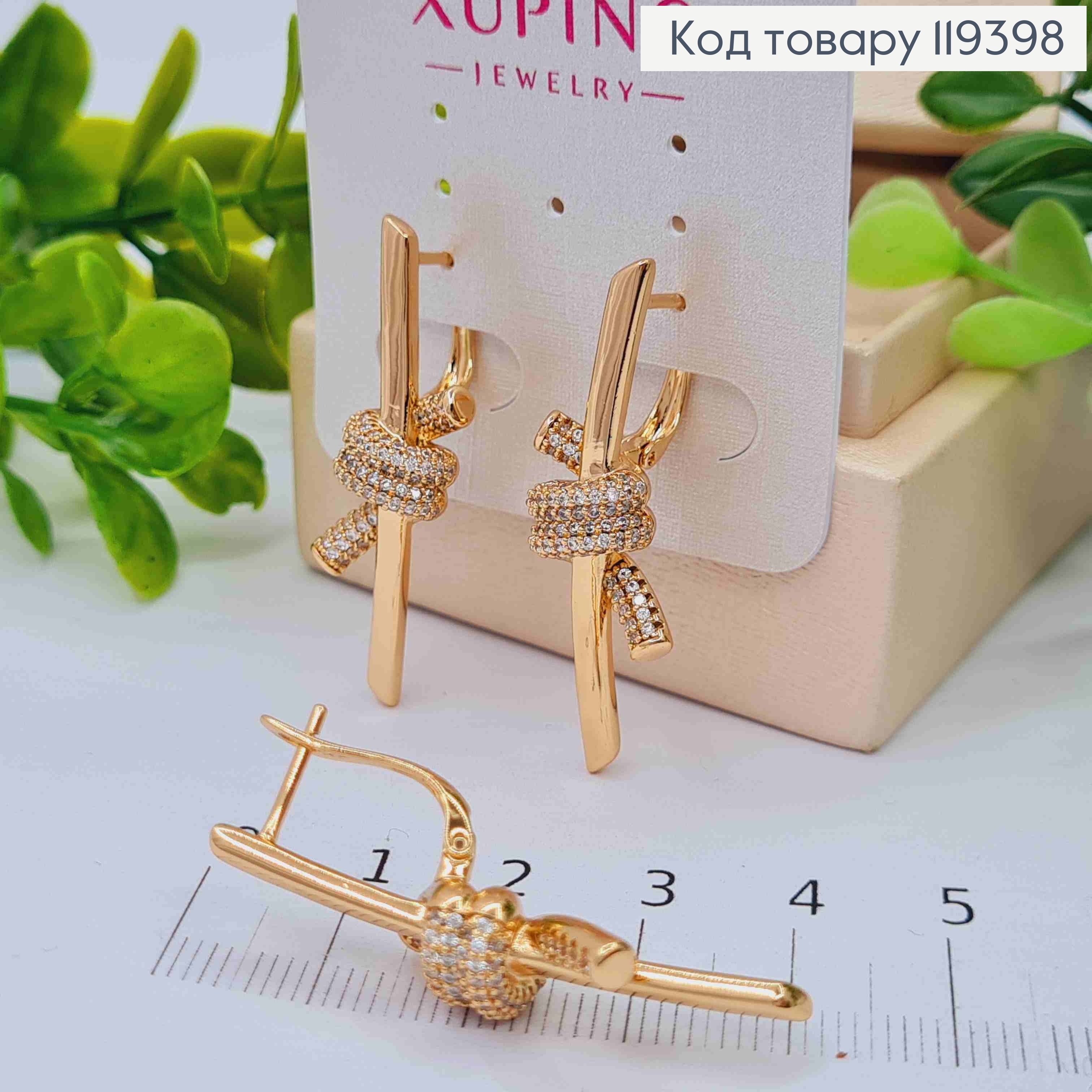 Серьги с узелком в Блестящих камнях, 3,9см, английская застежка, Xuping 18К 119398 фото 3