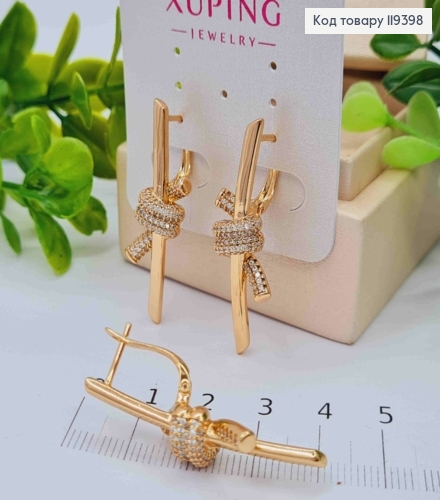 Серьги с узелком в Блестящих камнях, 3,9см, английская застежка, Xuping 18К 119398 фото 3