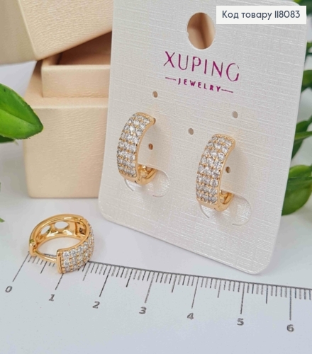 Серьги кольца украшены камешками в три ряда, ширина 5мм, диаметр 1,5см, Xuping 18К. 118083 фото 2