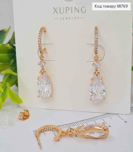 Серьги гвоздики с подвесным Блестящим камнем, 1,4+2,2см, Xuping 18K 118769 фото 3