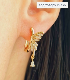 Серьги "Крылья" с камешками и подвесным Камнем, длина 1,3+0,4см, английская застежка, XUPING 18K 119336 фото