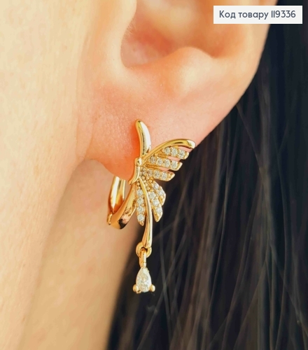 Серьги "Крылья" с камешками и подвесным Камнем, длина 1,3+0,4см, английская застежка, XUPING 18K 119336 фото 1