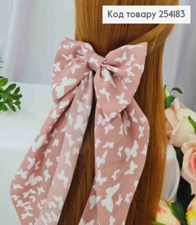 Заколка(7,5см) Бант (15*35см) БЕЖЕВИЙ принт "МЕТЕЛИКИ", софт, ручна робота, Україна 254183 фото