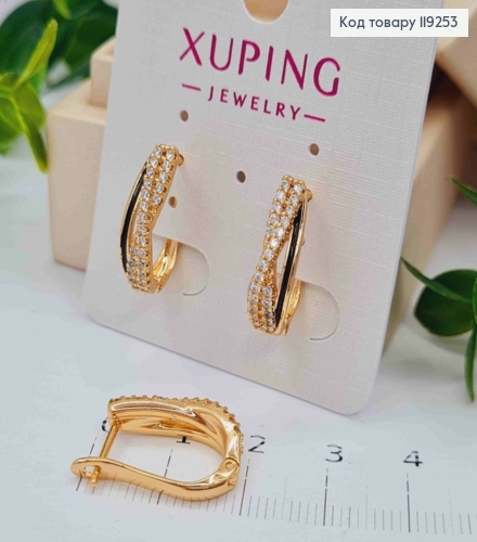 Серьги Овальные с Блестящими камешками и Черной эмалью, длина 1,8см, английская застежка, Xuping 18K 119253 фото 1