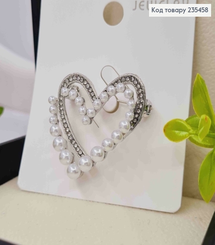 Брошь "СЕРДЦЕ" с Блестящими камешками и Жемчужками, 3,5*4см, Серебряного цвета 235458 фото 1