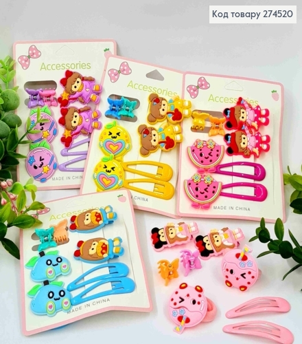 Набор детской: заколка Стрела, Тик-Так, краб "Бабочка", Резинка(по 2шт), Яркие цвета в ассорт. 274520 фото 1