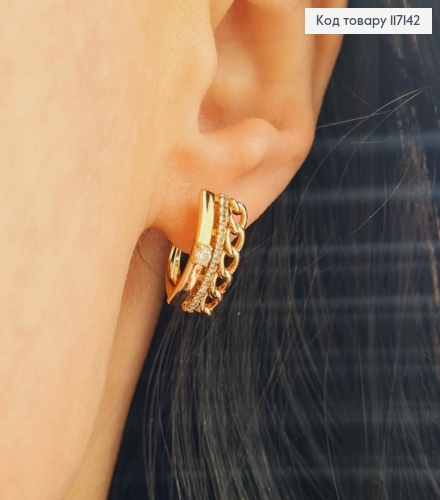 Серьги "Цапочка с пластинкой" с рядочком камешков 1,7*1,1см (англ.зам), XUPING 18K 117142 фото 2