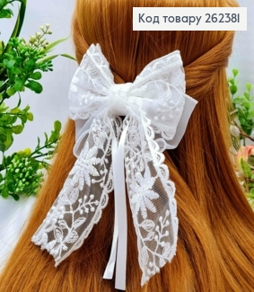 Бант БЕЛЫЙ "Ажурный", на заколке 7,5см, ткань кружево, размер 12*17см, ручная работа 262381 фото