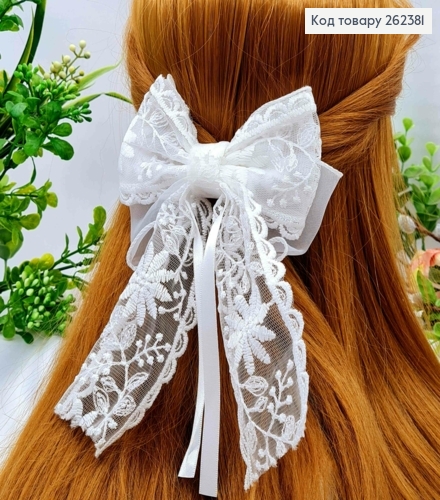 Бант БЕЛЫЙ "Ажурный", на заколке 7,5см, ткань кружево, размер 12*17см, ручная работа 262381 фото 1