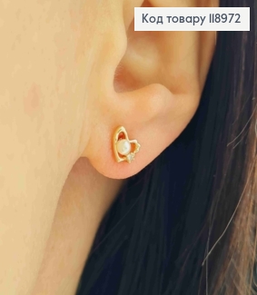 Серьги гвоздики "СЕРДЦЕ" с Блестящим камнем и Жемчужкой, длина 0,6см, Xuping 18K 118972 фото