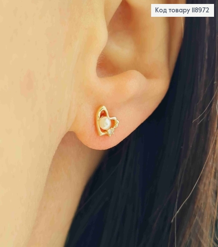 Серьги гвоздики "СЕРДЦЕ" с Блестящим камнем и Жемчужкой, длина 0,6см, Xuping 18K 118972 фото 1