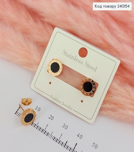 Серьги гвіздки Римский часы золотой цвет с черным камнем  Stainless Steel 240154 фото 1