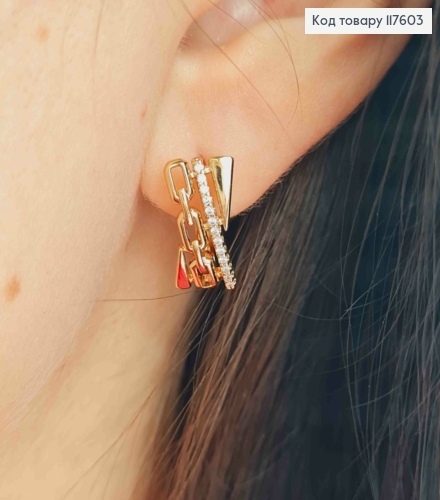 Серьги с цепочкой и камешками в один ряд, 1,5см, англ. застежка, Xuping 18К 117603 фото 2