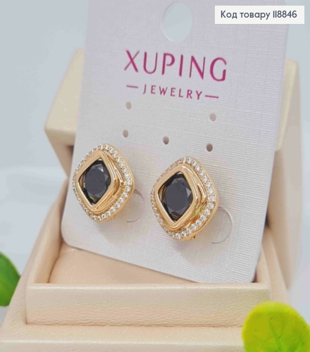 Серьги "Глаза Сфинкса" с Черным камнем в оправе из камешков, 1,4см, англ. застежка, Xuping 18К 118846 фото 2