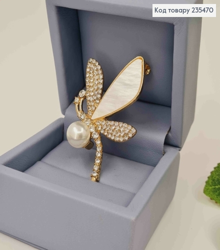 Брошь "Стрекоза" с жемчужиной и камешками, размер 3*5см 235470 фото 1