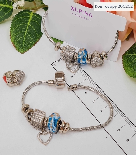 Браслет "Пандора" с голубой шармиком, с подвеской сердечком, длиной 18см. Xuping 18K 200202 фото 1