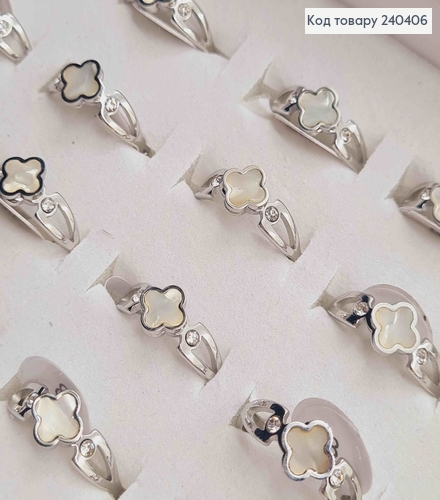 Кольцо серебряного цвета, четырехлистник с белой эмалью, "Van Cleef", сталь Stainless Steel 270010 фото 2