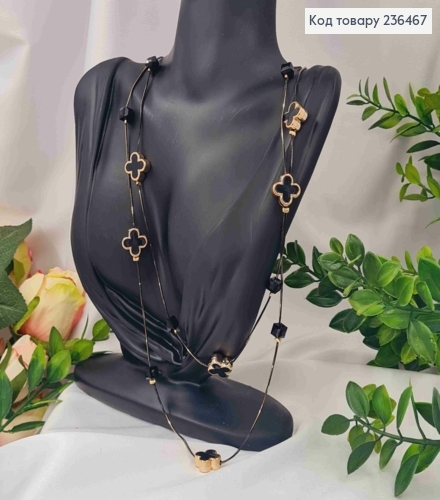 Біжутерія на шию подвійна з Van Cleеf та квадратними бусинами, 80+6см, Чорного+Золото  кольору 236467 фото 3