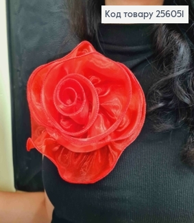 Брошь-заколка, объемная роза КРАСНОГО цвета, 16см, ткань органза кристаллин, ручная работа 256051 фото