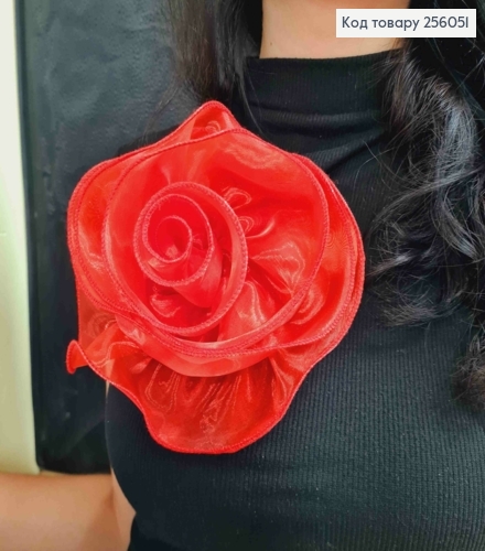 Брошь-заколка, объемная роза КРАСНОГО цвета, 16см, ткань органза кристаллин, ручная работа 256051 фото 1