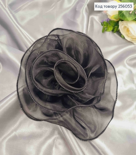 Брошь-заколка, объемная роза ЧЕРНОГО цвета, 16см, ткань органза кристаллин, ручная работа 256053 фото 2