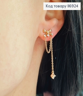 Серьги гвоздики, Бантик с камешками и подвесками цепочками, 4см, Xuping 18K 116924 фото