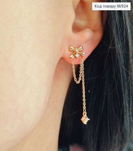 Сережки гвіздки, Бантик з камінцями та підвісками ланцюжками, 4см, Xuping 18K 116924 фото 1