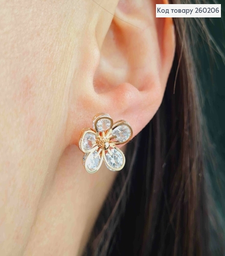 Сережки гвіздки золотого кольору, "Квіточка" в Блискучих камінцях (1,3см),сталь XianGuang 260206 фото 1