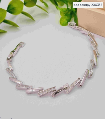 Браслет родований плетіння прямокутними пластинами з Блискучими камінцями, довжина 17+2см, Xuping 200352 фото 1