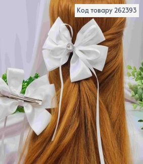 Бант БЕЛОГО цвета с Блестящим камнем, на заколке 7,5см, ткань атлас, размер 12,5*10см+19см 262393 фото