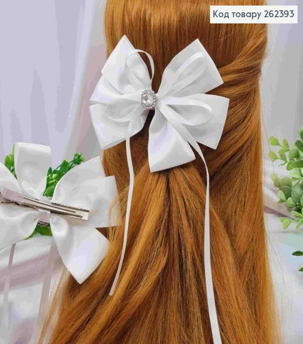 Бант БЕЛОГО цвета с Блестящим камнем, на заколке 7,5см, ткань атлас, размер 12,5*10см+19см 262393 фото 1