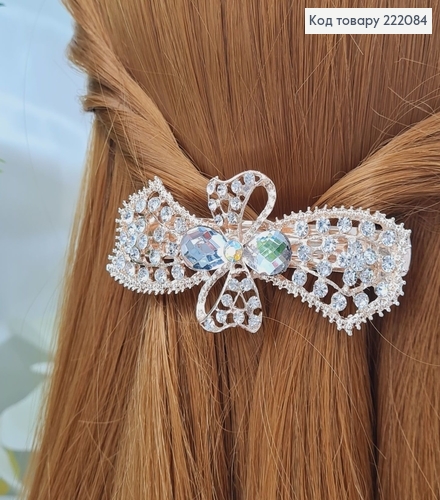 Заколка автомат металл 8,5*3,3см  БАНТИК в камінцях золотого кольору 222084 фото 1