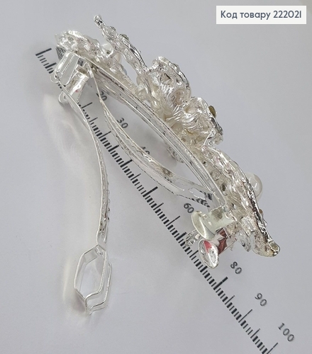 Заколка автомат металл серебряный с жемчугом 9 см 222021 фото 2