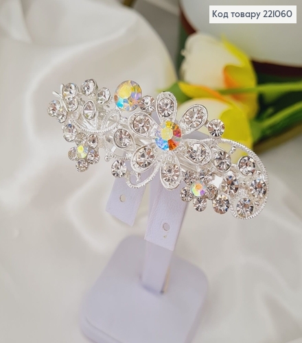 Заколка автомат металл 7*2см ЦВЕТЫ в камнях серебряного цвета 221060 фото 2