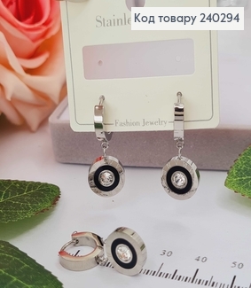 Серьги кольца с подвеской "Римские часы" с камешком, под серебро Stainless Steel 240294 фото