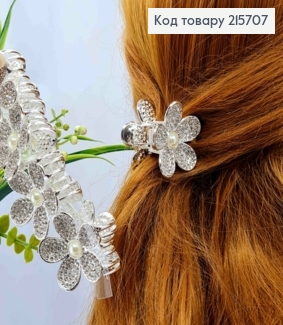 Краб металл "Цветик" украшен блестящими камнями и жемчужиной, 4см, Серебряного цвета. 215707 фото