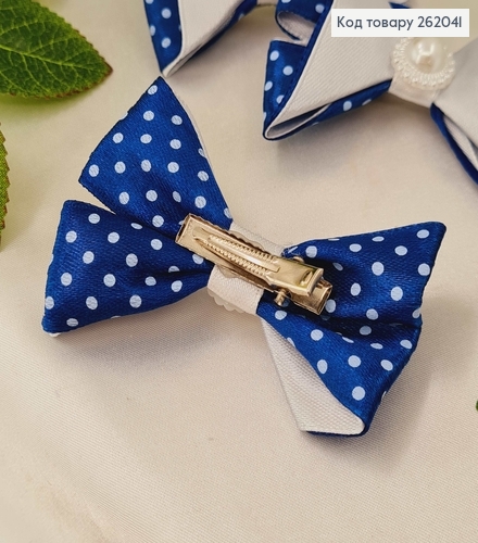 Заколка стрела с сине-белым атласным бантиком в горошек и белой жемчужиной. 262041 фото 2