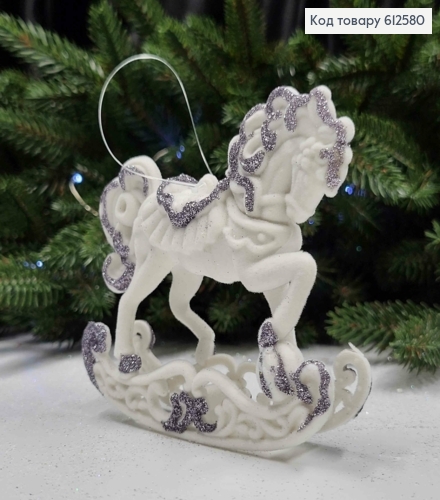 Новогодняя фигура КОНЬ НА САНЯХ, бархат, цвет БЕЛЫЙ+СЕРЕБРО, 10*9см, Украина 612580 фото 1