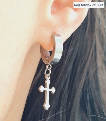 СЕРЬГА кольцо 1,2см Крестик  середряного цвета  1,2*1,1см, Stainless Steel  240239 фото 1