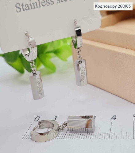 Серьги кольца (1,3см) Серебряного цвета, с шестиугольной подвеской Cartier (1,2см), Stainless Steel 260165 фото 2