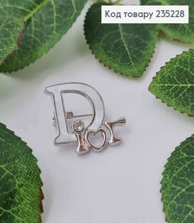 Брошь металл, серебряного цвета, "Диор" с белой эмалькой и камнем, 2,5см 235228 фото