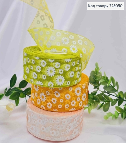 Лента органза, Цвета в ассортименте с принтом "Цветы", шир 4см, длина 50ярдов (45м) 728050 фото 1