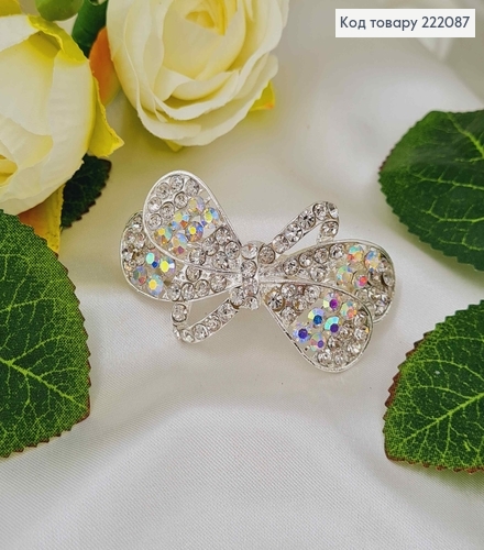 Заколка автомат металл 5,5*3см Бантик в камешках серебряного цвета 222087 фото 1